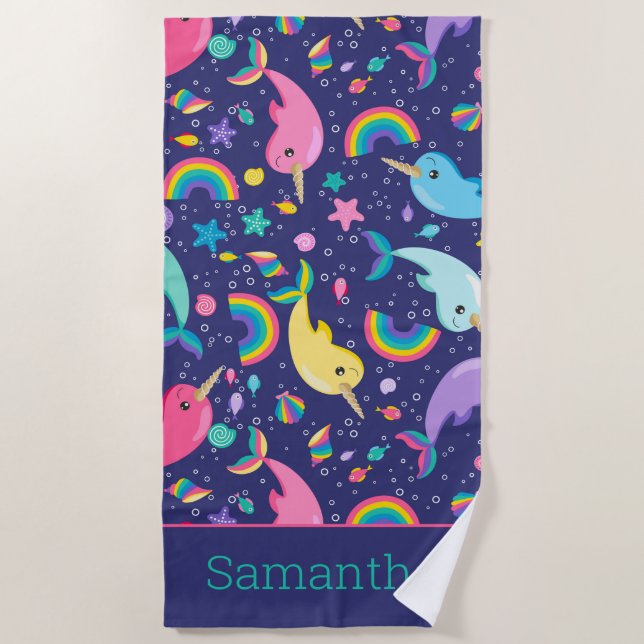 Serviette De Plage Rainbow Narwhal Under the Sea Girls Personnalisé (Devant)