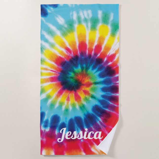 Serviette De Plage Rainbow Tie Dye Nom personnalisé (Devant)