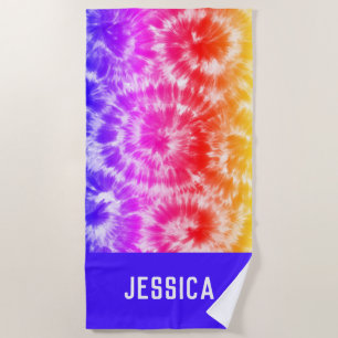 Serviette De Plage Rainbow Tie Dye Psychedelic Nom personnalisé