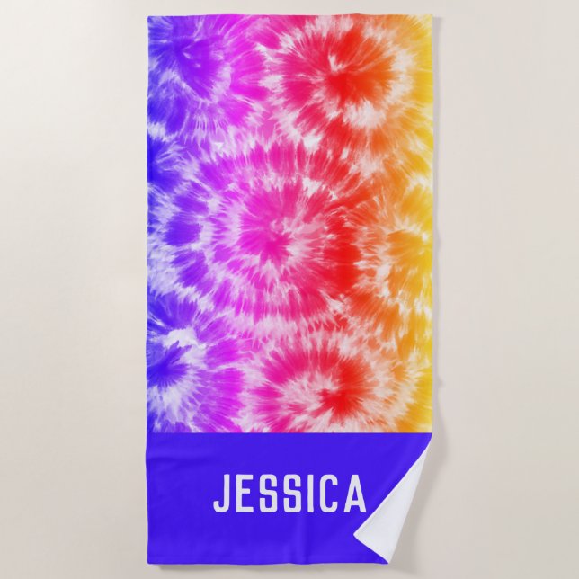 Serviette De Plage Rainbow Tie Dye Psychedelic Nom personnalisé (Devant)