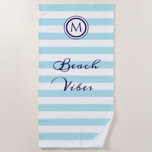 Serviette De Plage Rayé bleu clair et blanc, chic côtier nautique