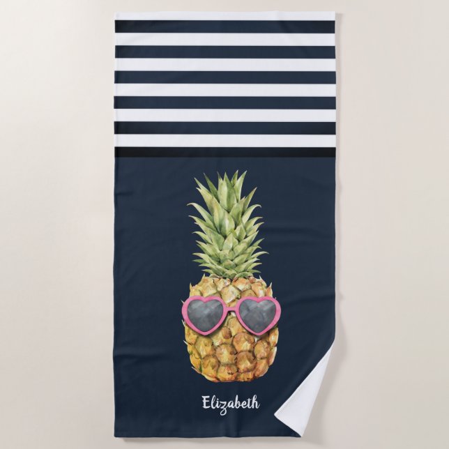 Serviette De Plage Rayé bleu marine nautique ananas frais (Devant)
