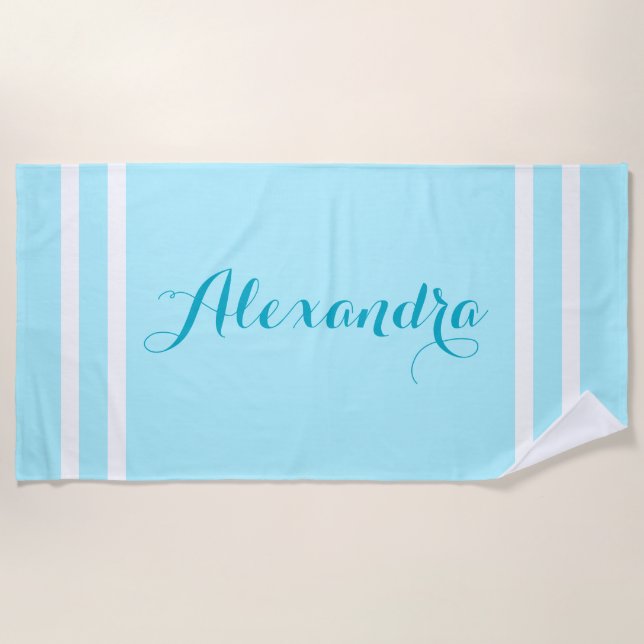 Serviette de plage rayée bleu clair personnalisée  (Devant)