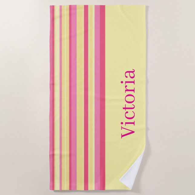 Serviette de plage rayée rose et jaune printemps (Devant)