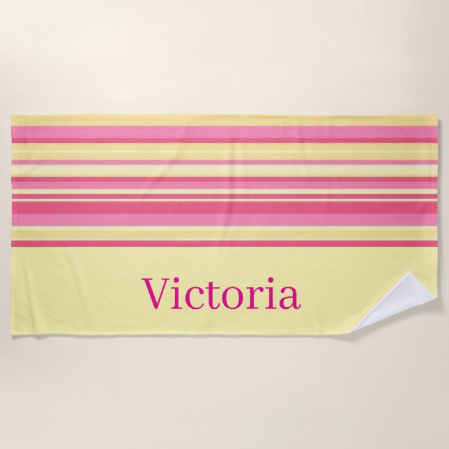 Serviette de plage rayée rose et jaune printemps (Devant)