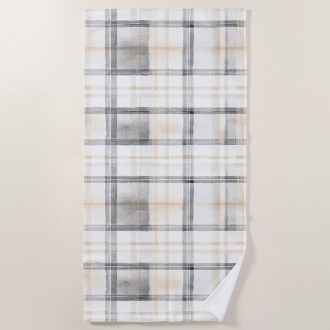 Serviette De Plage Rayes à carreaux gris jaune crème (Devant)
