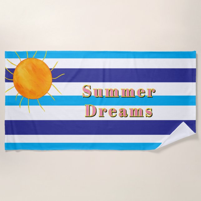 Serviette De Plage Rayons de soleil bleus blancs été rayures (Devant)