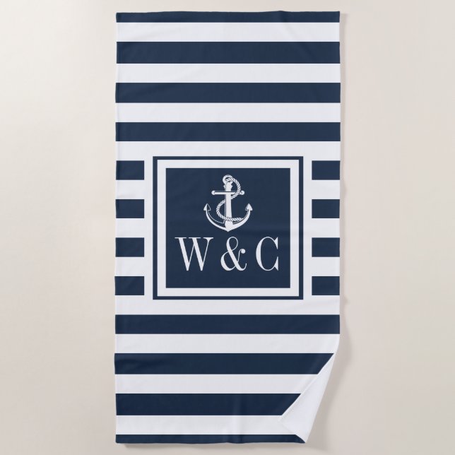 Serviette De Plage Rayure Bleue Marine Ancre Nautione Monogramme (Devant)