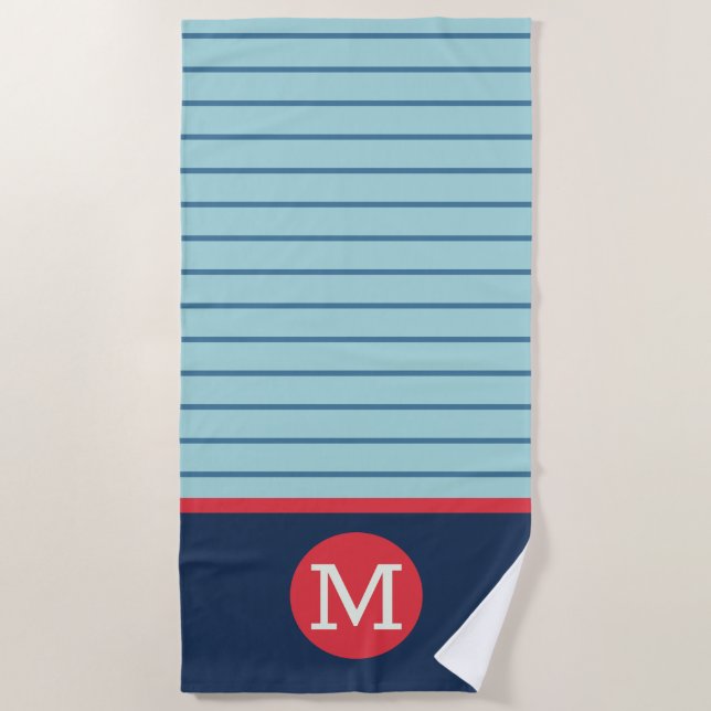 Serviette De Plage Rayure bleue Monogramme rouge blanc Masculin (Devant)