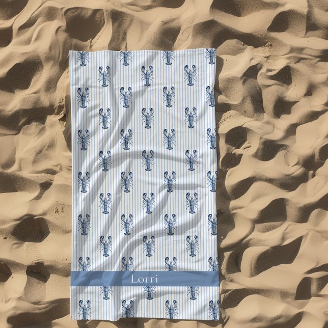 Serviette De Plage Rayure de homard bleu de Nouvelle-Angleterre à l'a (Lobster Stripe Beach Towel)