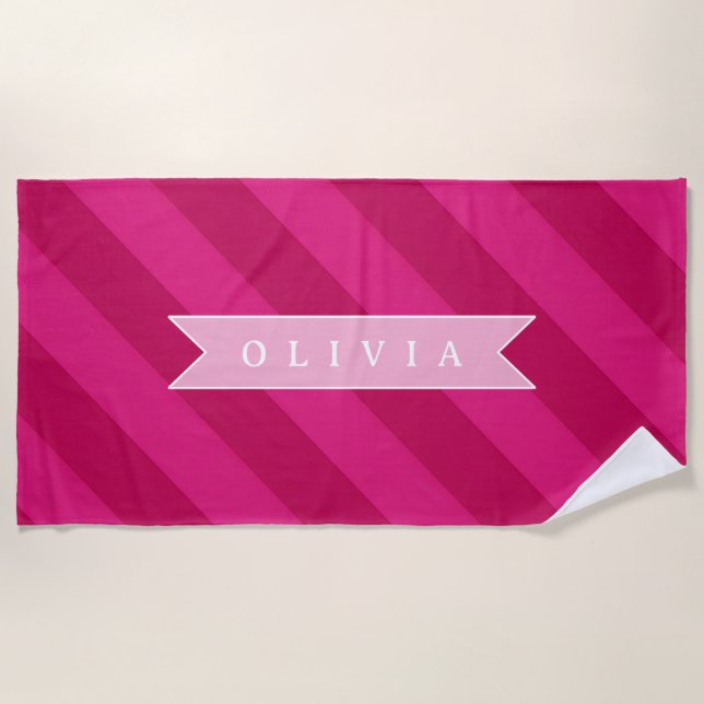 Serviette De Plage Rayure Rose Moderne Mignonne Personnalisée (Devant)