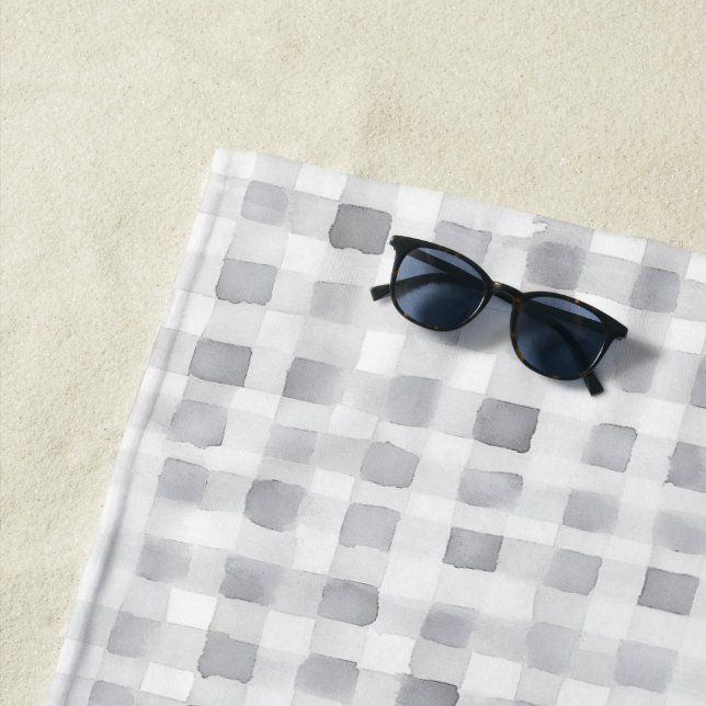 Serviette De Plage Rayures à carreaux gris blanc (En situation)