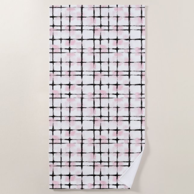 Serviette De Plage Rayures à carreaux noirs roses blancs (Devant)