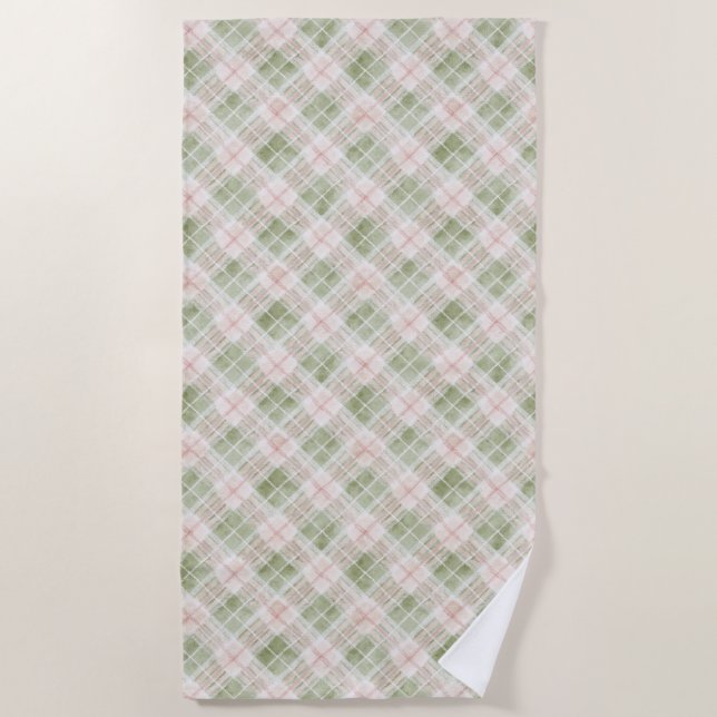 Serviette De Plage Rayures à carreaux vertes roses   (Devant)