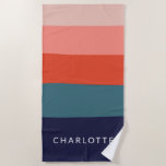 Serviette De Plage Rayures Abstraites de la Marine et de la Rouge per<br><div class="desc">Joli,  lumineux et coloré ! Ce motif simple présente des formes obstruées par des couleurs dans une palette tendance de rose,  rouge et bleu saumon. Personnalisez-le avec votre nom !</div>