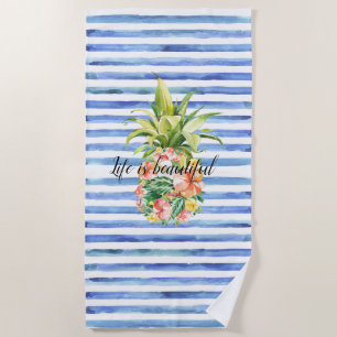 Serviette De Plage Rayures Blanches Bleues Floral Tropical Pineapple
