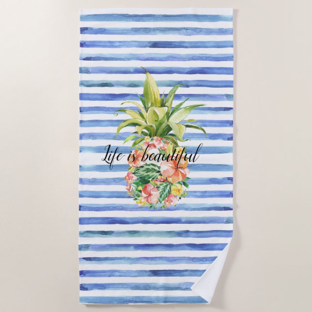 Serviette De Plage Rayures Blanches Bleues Floral Tropical Pineapple (Devant)