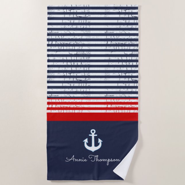 Serviette De Plage rayures bleu marine + nom et ancre nautique (Devant)
