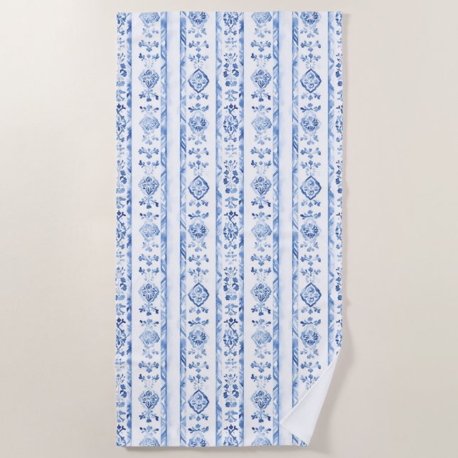 Serviette De Plage Rayures bleues rustiques siciliennes italiennes (Devant)