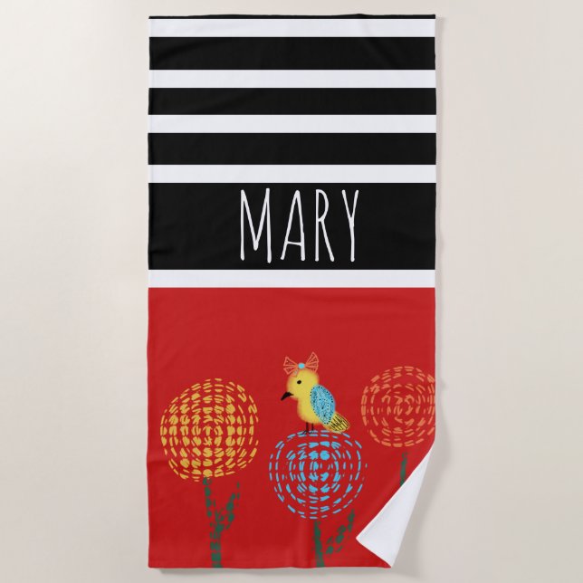 Serviette De Plage Rayures bloc de couleur d'été Oiseau Jaune (Devant)