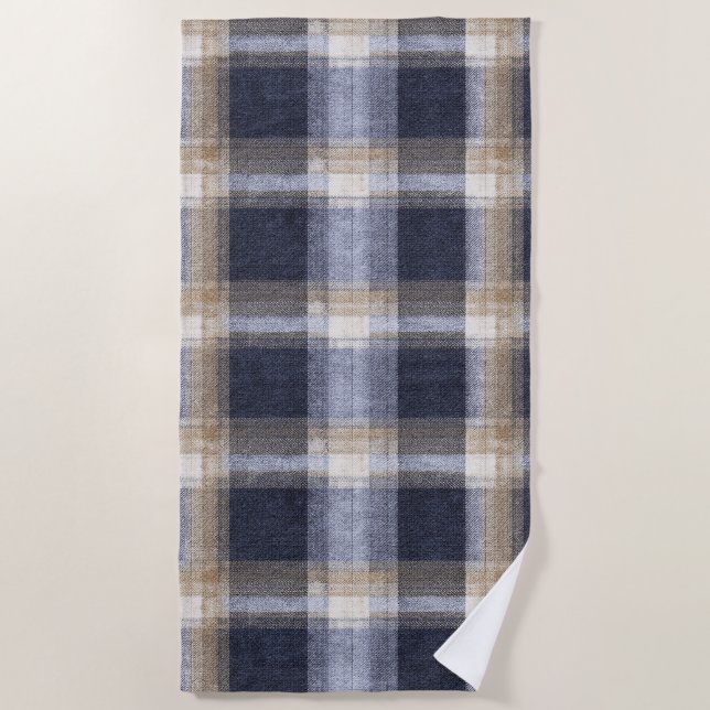 Serviette De Plage Rayures Carreaux Crème Bleu (Devant)