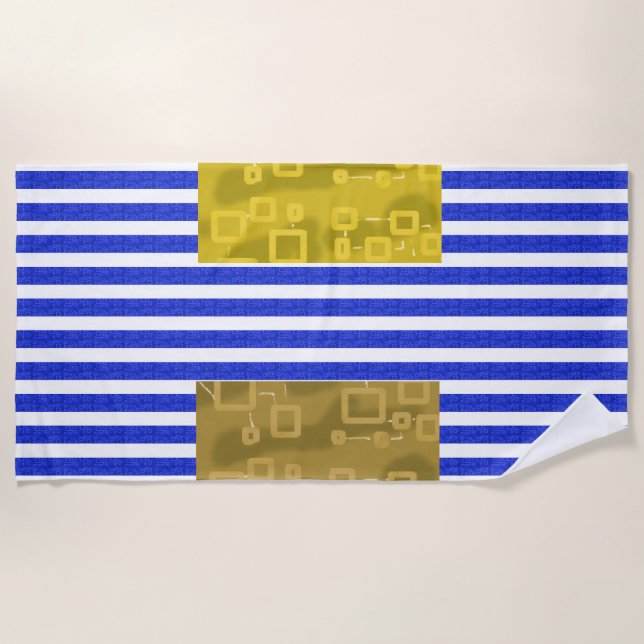 Serviette De Plage Rayures Cool Bleu Or Géométrique  (Devant)