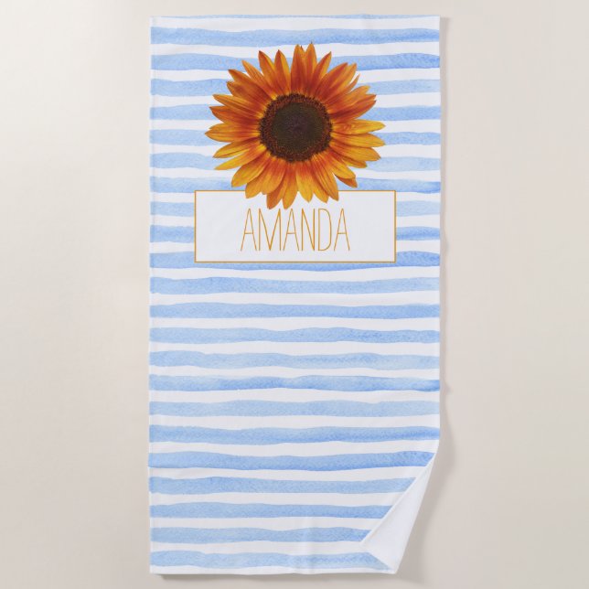 Serviette De Plage Rayures d'aquarelle bleue Tournesol personnalisé (Devant)