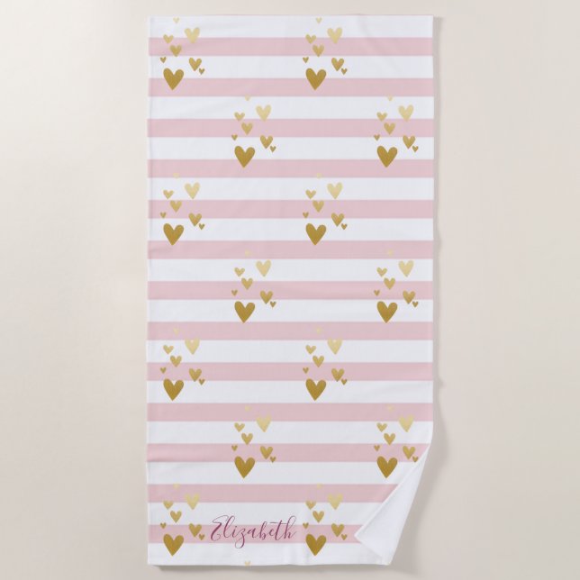 Serviette De Plage Rayures de coeurs dorés (Devant)