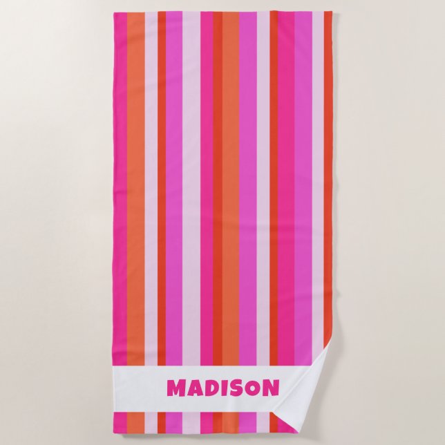 Serviette De Plage Rayures de couleur chic Monogramme Nom Été (Devant)