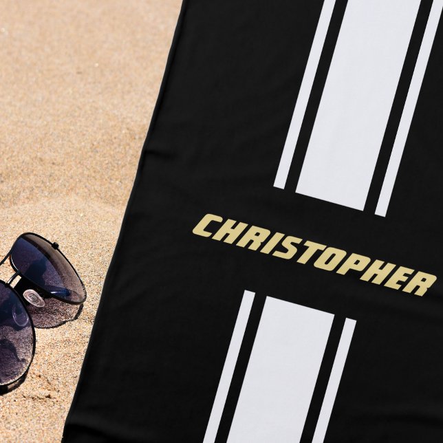Serviette De Plage Rayures de course noires et blanches Piscine à mon (Black White Racing Stripes Gold Monogrammed Pool Beach Towel)