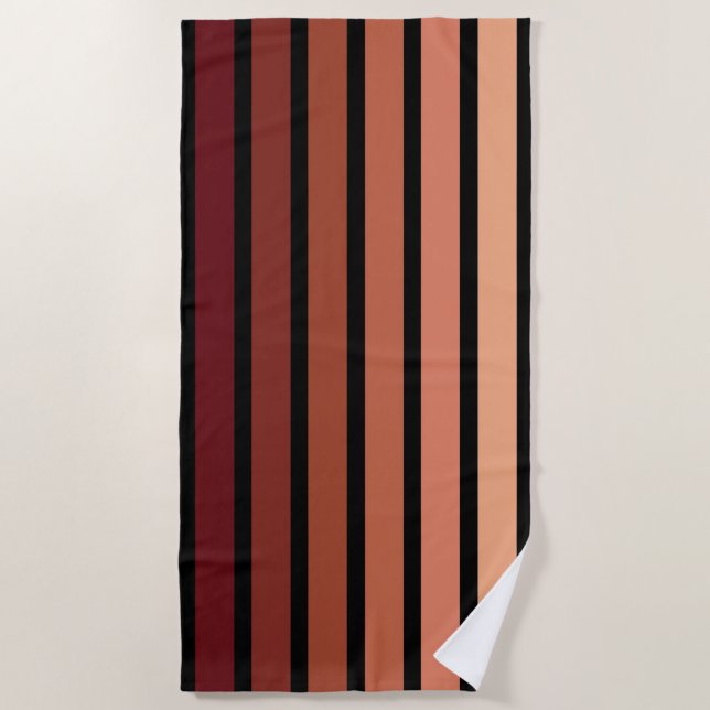 Serviette De Plage Rayures de nuances de rouge sur fond noir  (Devant)