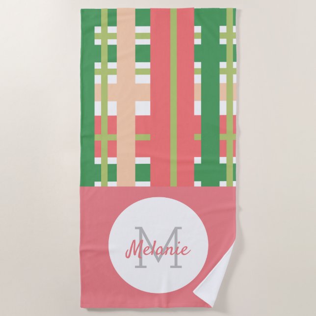 Serviette De Plage Rayures de pastèque à carreaux monogramme vertical (Devant)