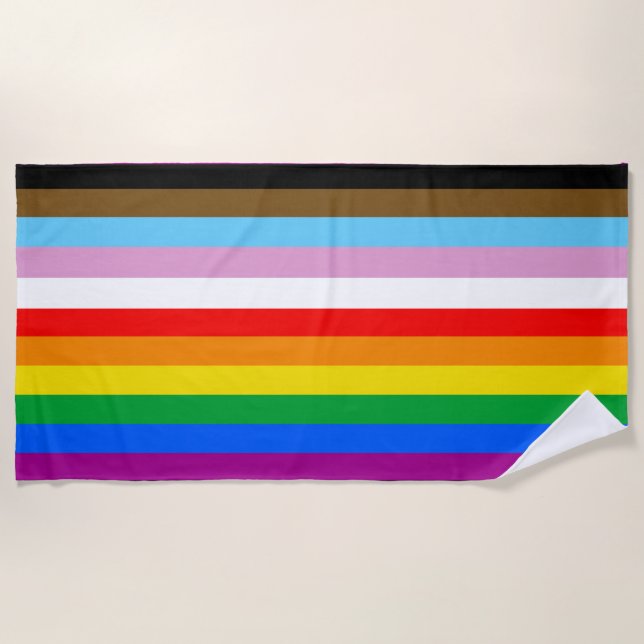 Serviette De Plage Rayures du drapeau de progrès LGBTQ+ (Devant)