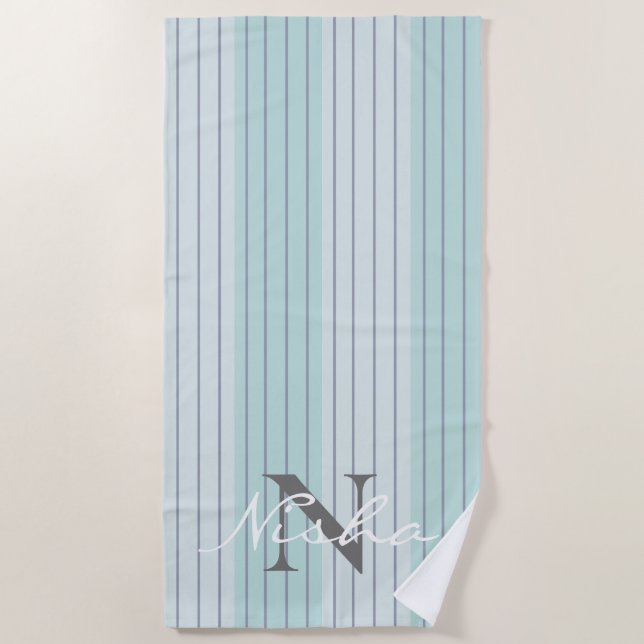 Serviette De Plage Rayures Monogramme Bleu Sarcelle Gris (Devant)
