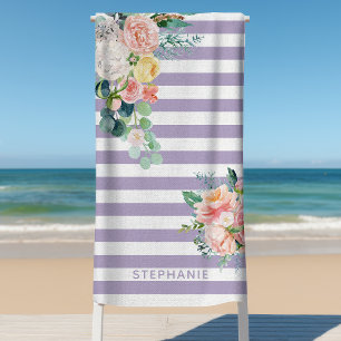 Serviette De Plage Rayures Nautiques Fleur Watercolor Lilas Nom