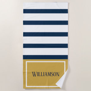 Serviette De Plage Rayures nautiques marine et nom de coutume d'or