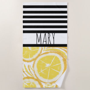 Serviette De Plage Rayures noires d'été Citron Abstrait
