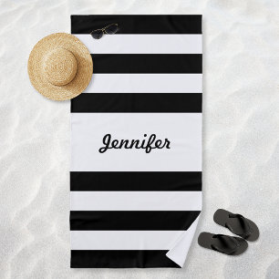 Serviette De Plage Rayures noires et blanches chic personnalisées