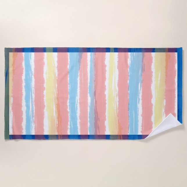 Serviette De Plage Rayures pastel rose bleu jaune (Devant)