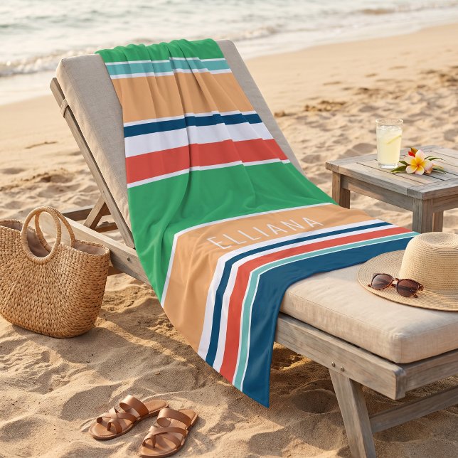 Serviette De Plage Rayures personnalisées bleu sarcelle foncé vert or (Créateur téléchargé)