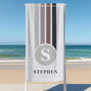 Serviette De Plage Rayures Rétro Gris Taupe Monogramme Nom