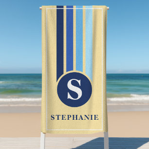 Serviette De Plage Rayures Rétro Jaune Et Bleu Monogramme Nom