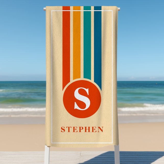 Serviette De Plage Rayures Rétro Monogramme Orange Nom Personnalisé (Créateur téléchargé)