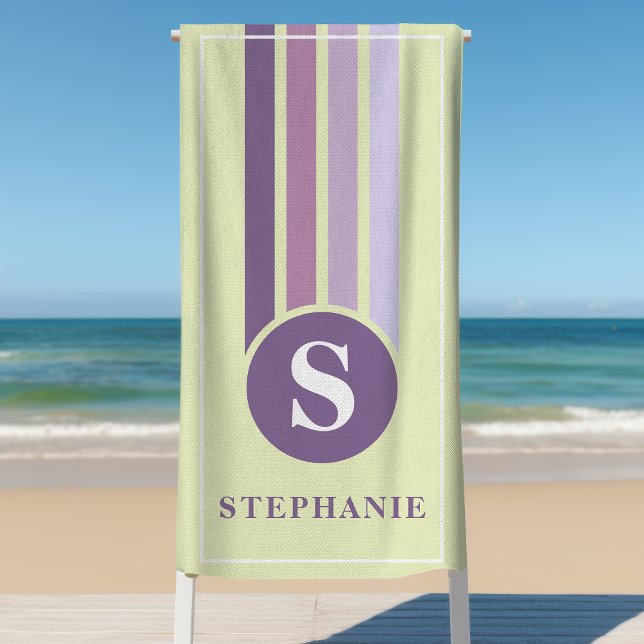Serviette De Plage Rayures Rétro Monogramme Violet Nom Personnalisé (Créateur téléchargé)