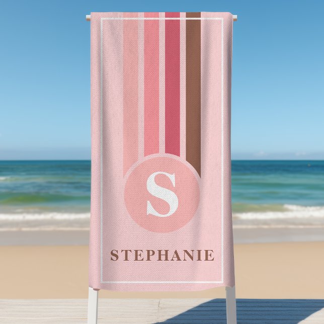 Serviette De Plage Rayures Rétro Rose et Marron Monogramme Nom (Créateur téléchargé)