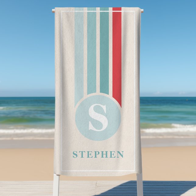 Serviette De Plage Rayures Rétro Rouge Et Bleu Monogramme Nom (Créateur téléchargé)