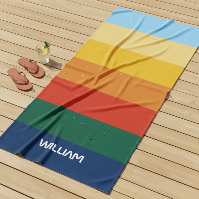 Serviette De Plage Rayures Rétro Sunset avec un nom simple en gras (Créateur téléchargé)