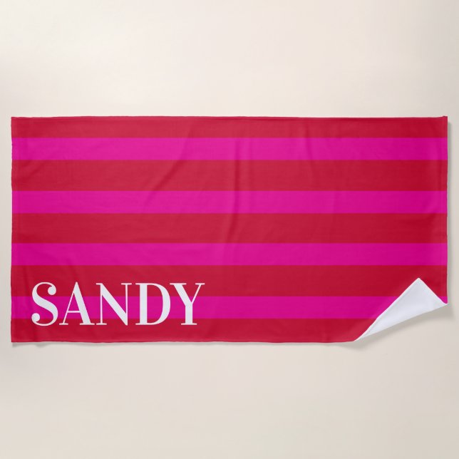 Serviette De Plage Rayures rose fuchsia personnalisées  (Devant)