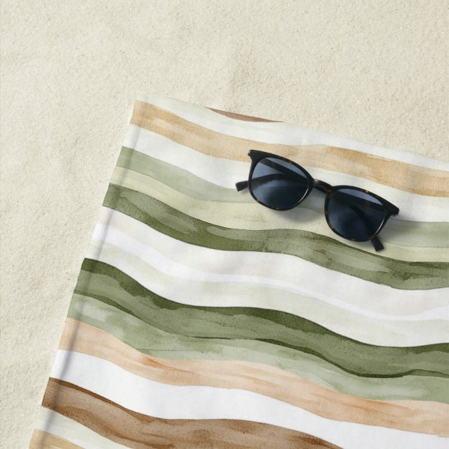 Serviette De Plage Rayures Vert Crème Marron (En situation)