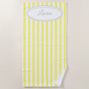 Serviette De Plage Rayures verticales jaunes et blanches Monogramme